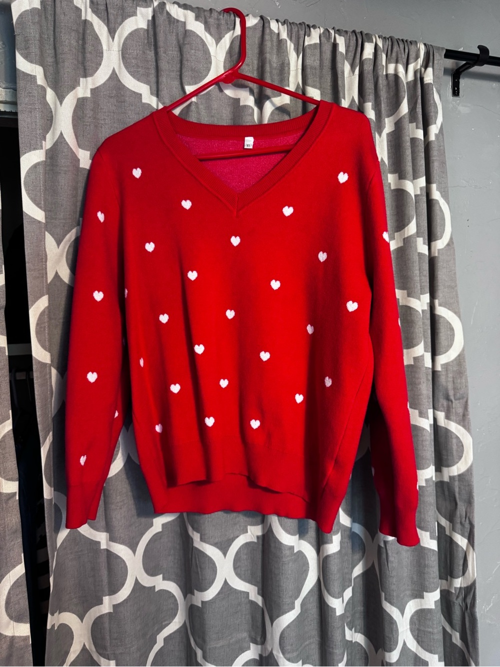 Amazon Red V-Neck Sweater with White Heart Print